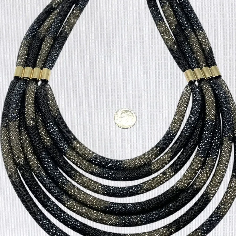 Chicos Chunky Statement Necklace Gold Tone Black Blue Mesh Tube Tiered Layered